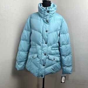 White Rivet Puffer Jacket Women's XL Blue Down Filled Quilted Zip & Button
